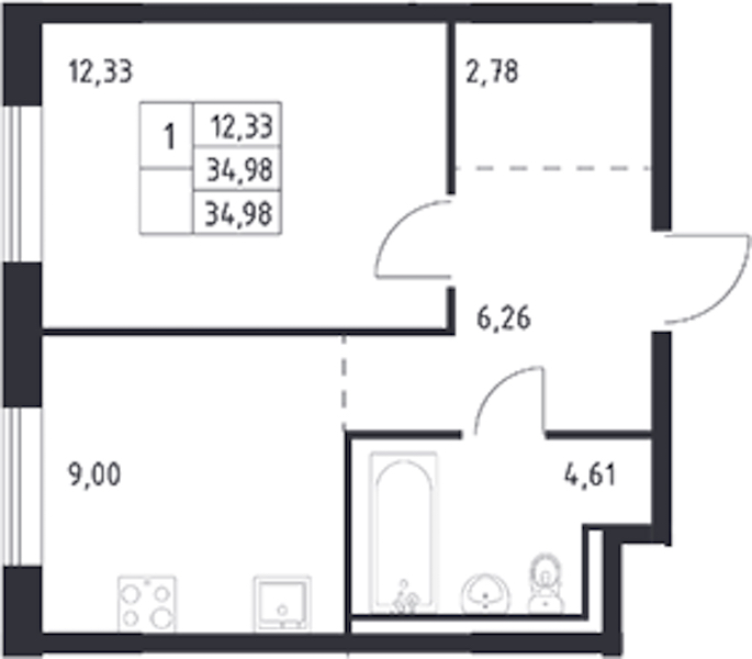 1-комнатная квартира 34.98 м², 1/9 эт., ЖК «Квартал Лаголово»